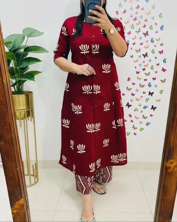Red_Printed_Cotton_Kurti_Palazzo_Co_Ord_Set_Stylish_Daily_Wear_For_Women