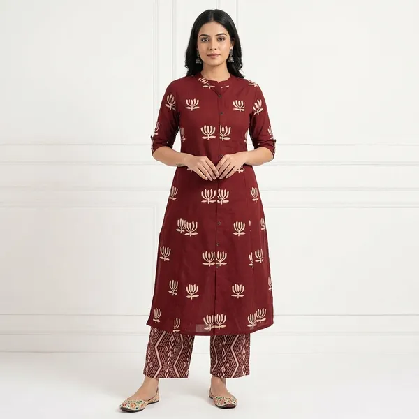 Red_Printed_Cotton_Kurti_Palazzo_Co_Ord_Set_Stylish_Daily_Wear_For_Women