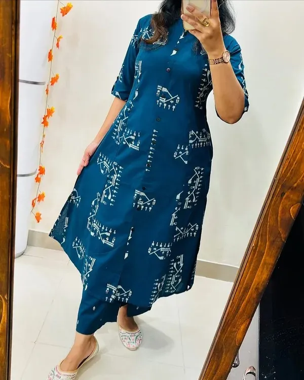 Blue_And_White_Printed_Cotton_Kurti_Palazzo_Co_Ord_Set_Stylish_Daily_Wear_For_Women