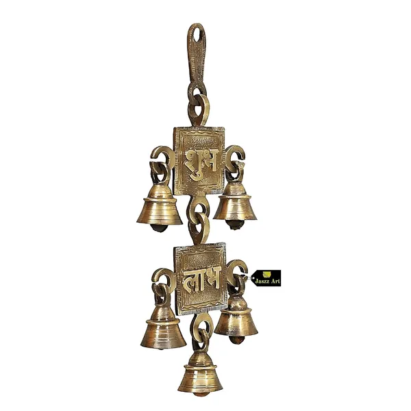 Subh_Labh_Pair_Design_Bell_10_Inches_And_700G_Antique_Brass_Hanging_Bells_For_Pooja_Gift_Home_Decor_With_3_Ghanti_Handmade_Puja_Article_For_Diwali_Festival_Vastu_Pack_Of_2
