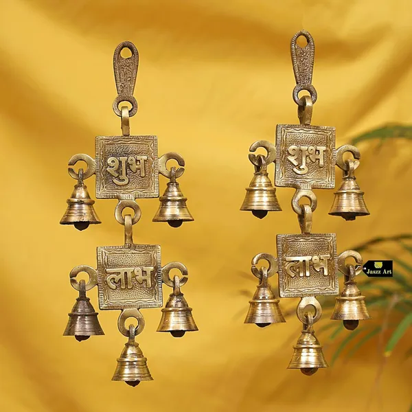 Subh_Labh_Pair_Design_Bell_10_Inches_And_700G_Antique_Brass_Hanging_Bells_For_Pooja_Gift_Home_Decor_With_3_Ghanti_Handmade_Puja_Article_For_Diwali_Festival_Vastu_Pack_Of_2