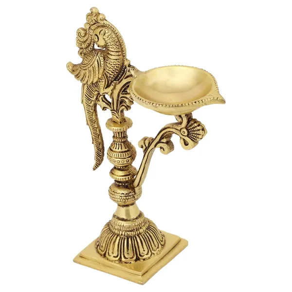 Brass_Carved_Peacock_Diya_Stand_Ethnic_Design_Handmade_Curved_Oil_Wick_Antique_Deepam_Lamp_For_Home_Decor_Temple_Puja_Office_Diwali_Decoration_Festival_Gift_8_Inches_And_650G_Golden