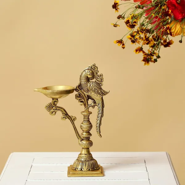 Brass_Carved_Peacock_Diya_Stand_Ethnic_Design_Handmade_Curved_Oil_Wick_Antique_Deepam_Lamp_For_Home_Decor_Temple_Puja_Office_Diwali_Decoration_Festival_Gift_8_Inches_And_650G_Golden