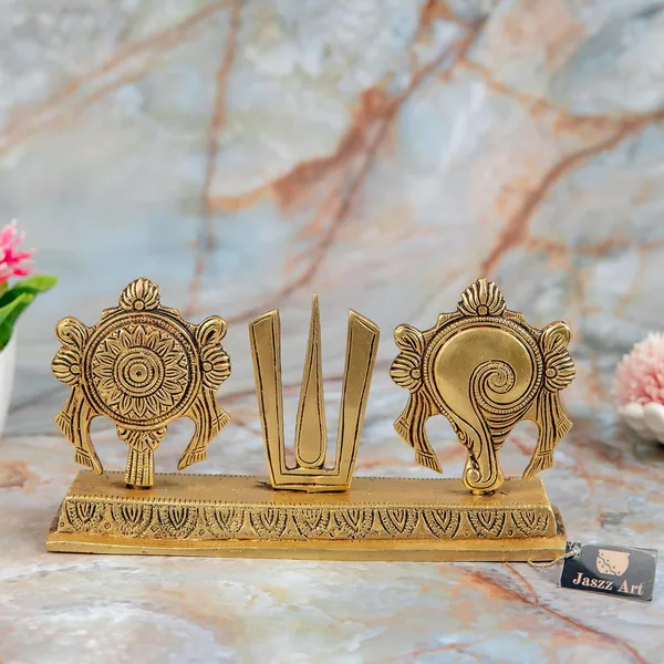 Jaszz_Art_Shankh_Chakra_Tilak_Namah_Pure_Brass_Showpiece_22_5_11_Cm_And_1_Kg_Shankha_Gada_Padma_Padmanabha_Swami_Vishnu_For_Home_Decor_Temple_Puja_Office_Decoration