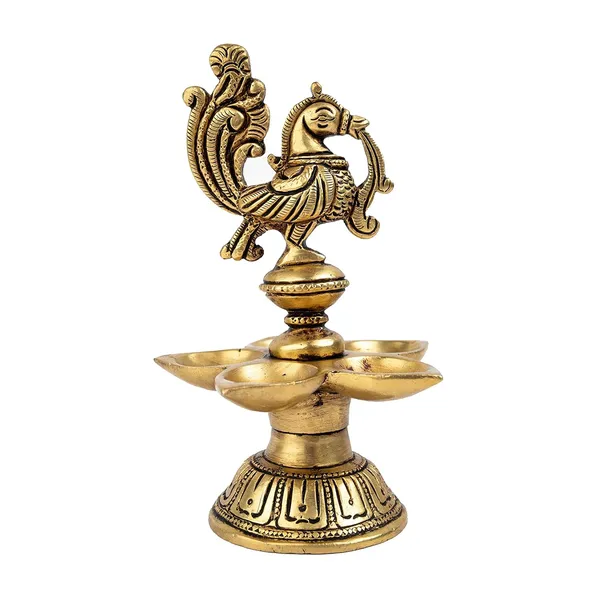 Brass_Peacock_Panch_Mukhi_Diya_9_9_14_Inches_And_600G_Ethnic_Design_Handmade_Curved_Oil_Wick_Antique_Deepak_Lamp_For_Home_Decor_Temple_Puja_Office_Counter_Decoration_Festival_Gift
