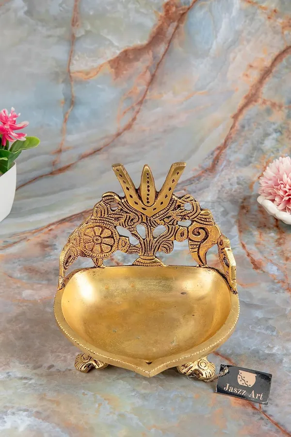 Brass_Shank_Trishul_Chakra_Diya_With_Stand_13X11X13_Cm_830G_Ethnic_Design_Handmade_Curved_Oil_Wick_Antique_Lamp_For_Home_Decor_Temple_Puja_Office_Counter_Decoration_Festival_Gift