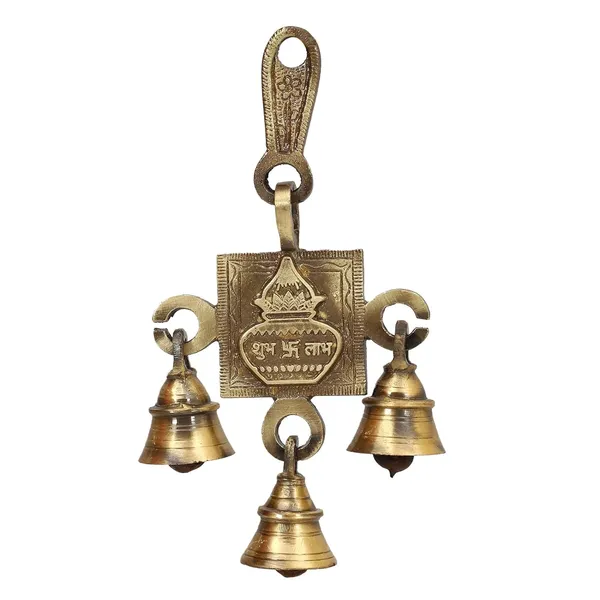 Brass_Pair_Of_Antique_Hanging_Bells_For_Pooja_Gift_Home_Decor_Handmade_Puja_Articles_For_Festival_Vastu_Diwali_Navratri_Shubh_Labh_Kalash_6X4_Inches_500Gm_Pack_Of_2