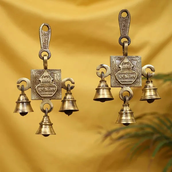 Brass_Pair_Of_Antique_Hanging_Bells_For_Pooja_Gift_Home_Decor_Handmade_Puja_Articles_For_Festival_Vastu_Diwali_Navratri_Shubh_Labh_Kalash_6X4_Inches_500Gm_Pack_Of_2