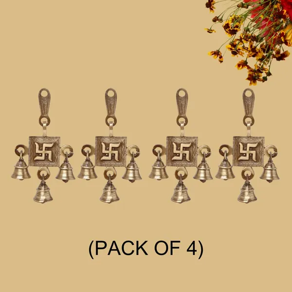 Swastik_Design_Bell_Pair_6_Inches_And_400G_Antique_Brass_Hanging_Bells_For_Pooja_Gift_Home_Decor_With_3_Ghanti_Handmade_Puja_Article_For_Diwali_Festival_Vastu_Pack_Of_4