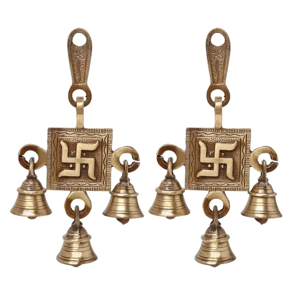 Swastik_Design_Bell_Pair_6_Inches_And_400G_Antique_Brass_Hanging_Bells_For_Pooja_Gift_Home_Decor_With_3_Ghanti_Handmade_Puja_Article_For_Diwali_Festival_Vastu_Pack_Of_4