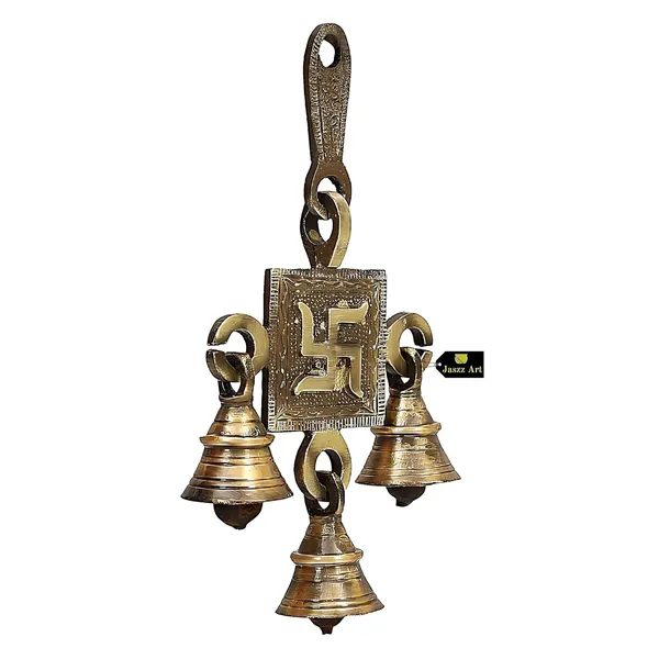 Swastik_Design_Bell_Pair_6_Inches_And_400G_Antique_Brass_Hanging_Bells_For_Pooja_Gift_Home_Decor_With_3_Ghanti_Handmade_Puja_Article_For_Diwali_Festival_Vastu_Pack_Of_4