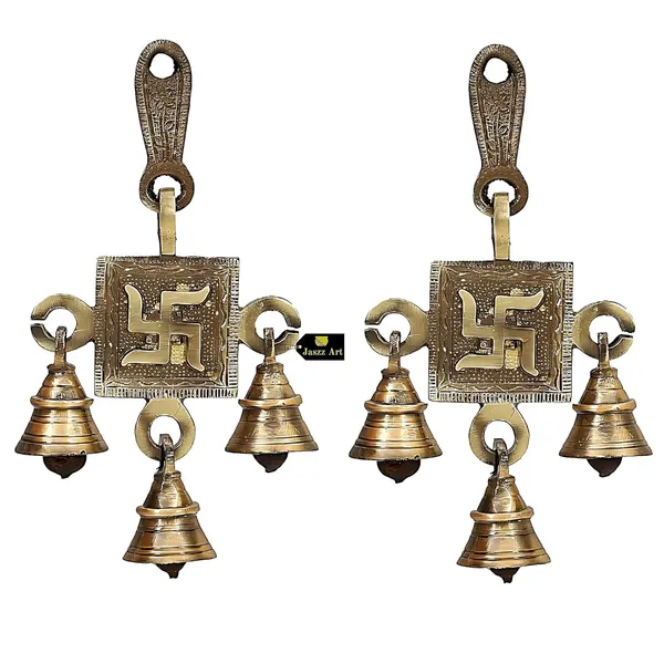 Swastik_Design_Bell_Pair_6_Inches_And_400G_Antique_Brass_Hanging_Bells_For_Pooja_Gift_Home_Decor_With_3_Ghanti_Handmade_Puja_Article_For_Diwali_Festival_Vastu_Pack_Of_4