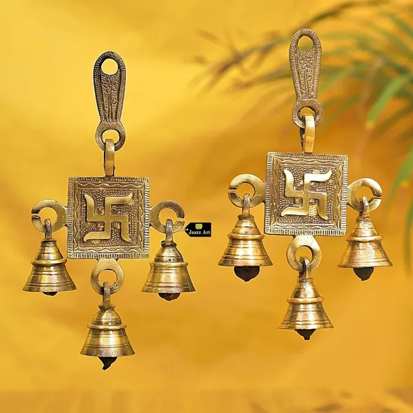 Swastik_Design_Bell_Pair_6_Inches_And_400G_Antique_Brass_Hanging_Bells_For_Pooja_Gift_Home_Decor_With_3_Ghanti_Handmade_Puja_Article_For_Diwali_Festival_Vastu_Pack_Of_4
