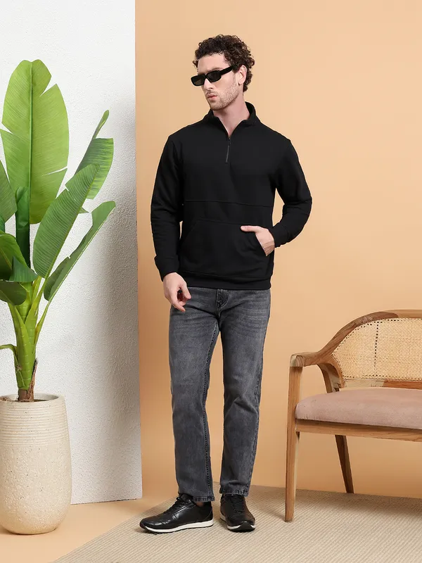 Men_Black_QuarterZip_Pullover_Sweatshirt_with_Kangaroo_Pocket