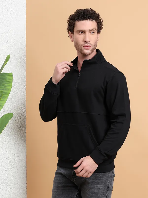Men_Black_QuarterZip_Pullover_Sweatshirt_with_Kangaroo_Pocket