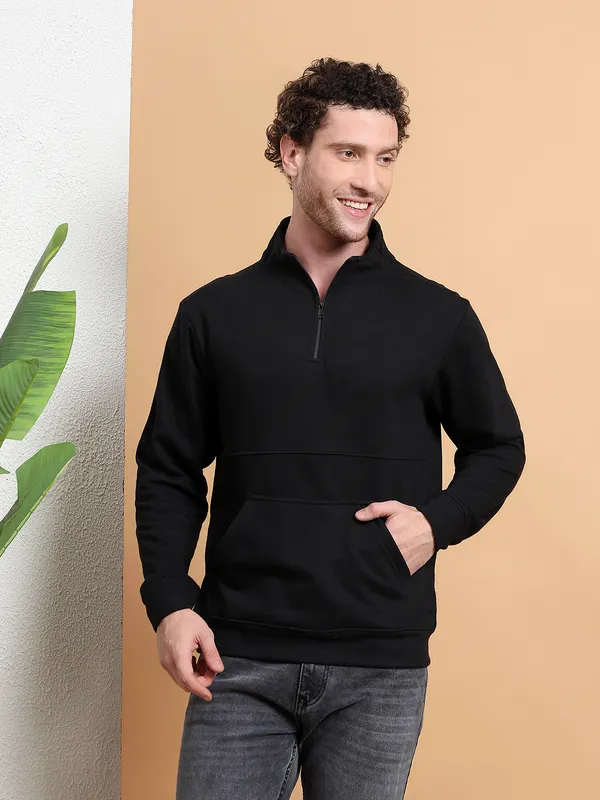 Men_Black_QuarterZip_Pullover_Sweatshirt_with_Kangaroo_Pocket