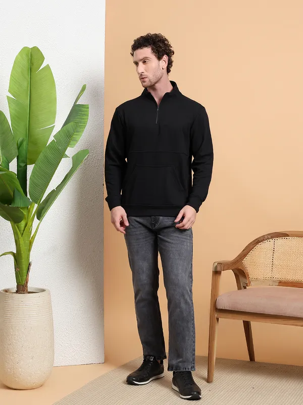 Men_Black_QuarterZip_Pullover_Sweatshirt_with_Kangaroo_Pocket