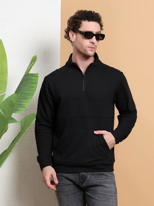 Men_Black_QuarterZip_Pullover_Sweatshirt_with_Kangaroo_Pocket