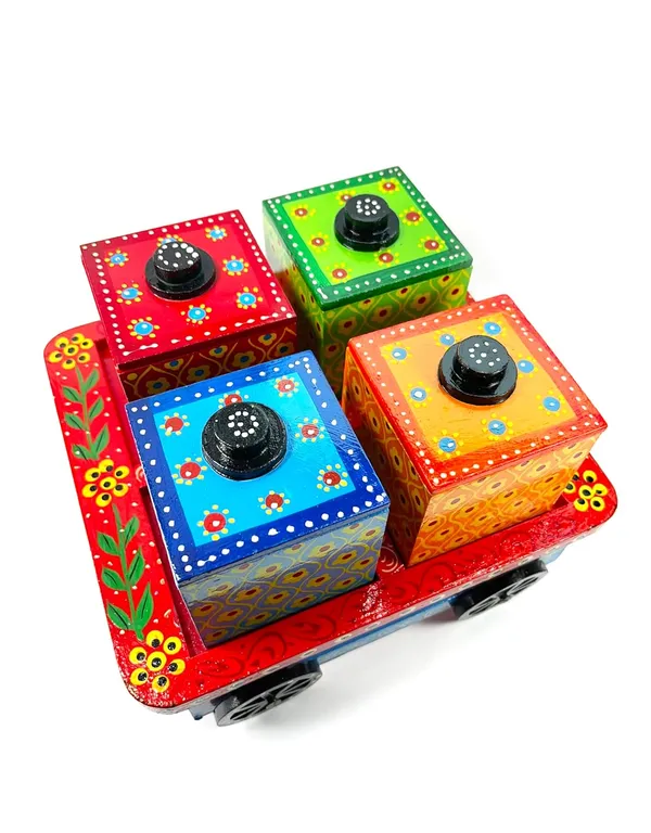 Handcrafted_Wooden_Cart_On_Wheels_With_4_Decorative_Storage_Boxes_Hand_Painted_Floral_Design_Traditional_Indian_Style_For_Serving