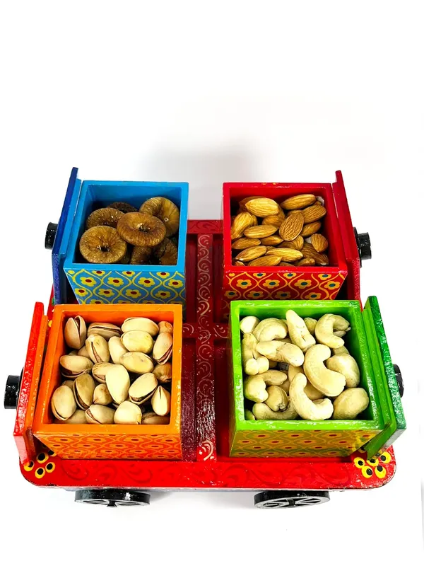 Handcrafted_Wooden_Cart_On_Wheels_With_4_Decorative_Storage_Boxes_Hand_Painted_Floral_Design_Traditional_Indian_Style_For_Serving
