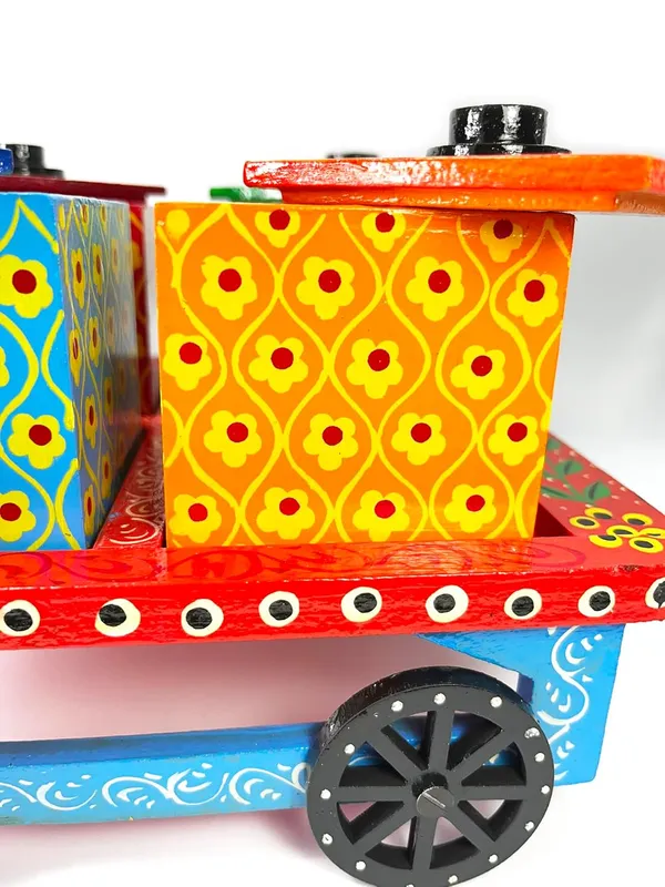 Handcrafted_Wooden_Cart_On_Wheels_With_4_Decorative_Storage_Boxes_Hand_Painted_Floral_Design_Traditional_Indian_Style_For_Serving