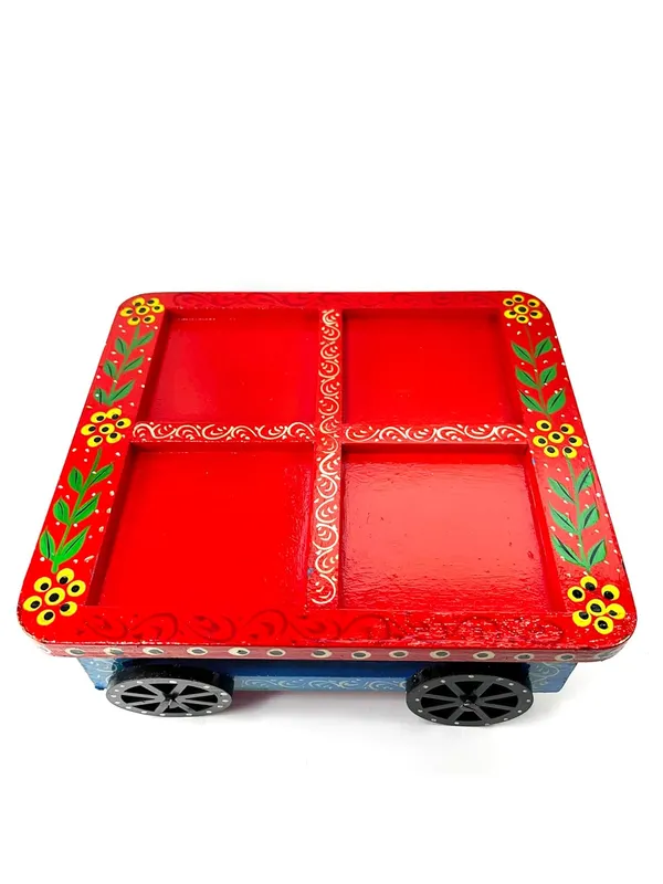 Handcrafted_Wooden_Cart_On_Wheels_With_4_Decorative_Storage_Boxes_Hand_Painted_Floral_Design_Traditional_Indian_Style_For_Serving