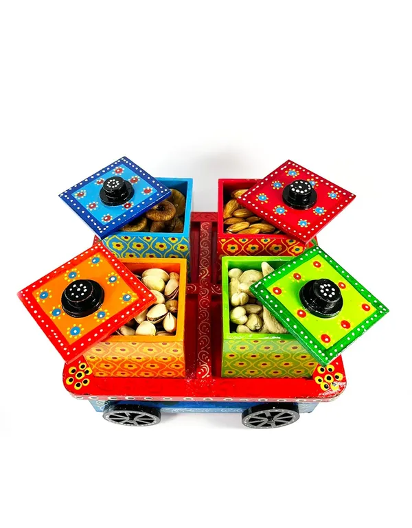 Handcrafted_Wooden_Cart_On_Wheels_With_4_Decorative_Storage_Boxes_Hand_Painted_Floral_Design_Traditional_Indian_Style_For_Serving