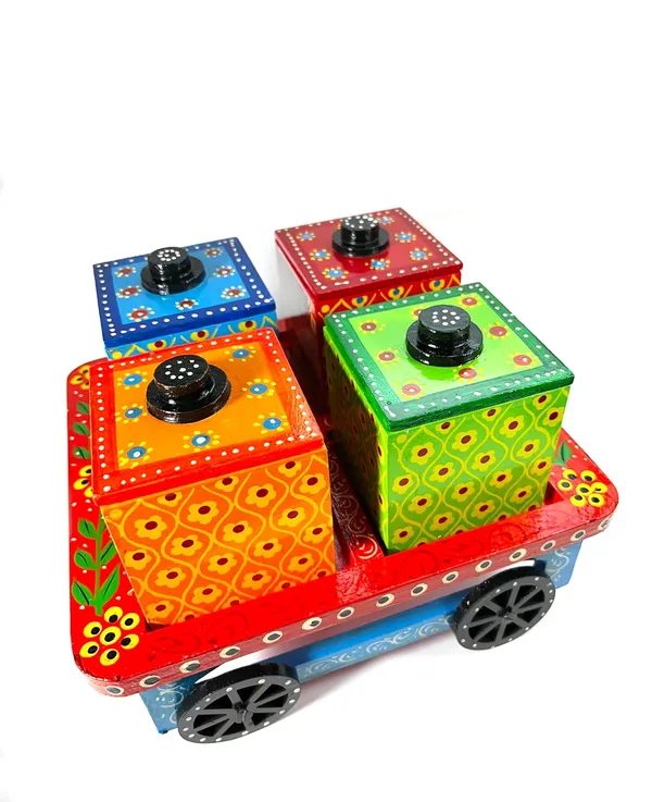 Handcrafted_Wooden_Cart_On_Wheels_With_4_Decorative_Storage_Boxes_Hand_Painted_Floral_Design_Traditional_Indian_Style_For_Serving