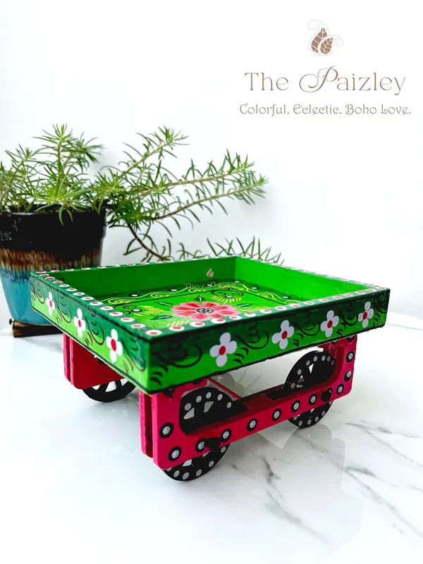 Decorative_Wooden_Cart_Tray_Hand_Painted_Floral_Design_Green_And_Pink