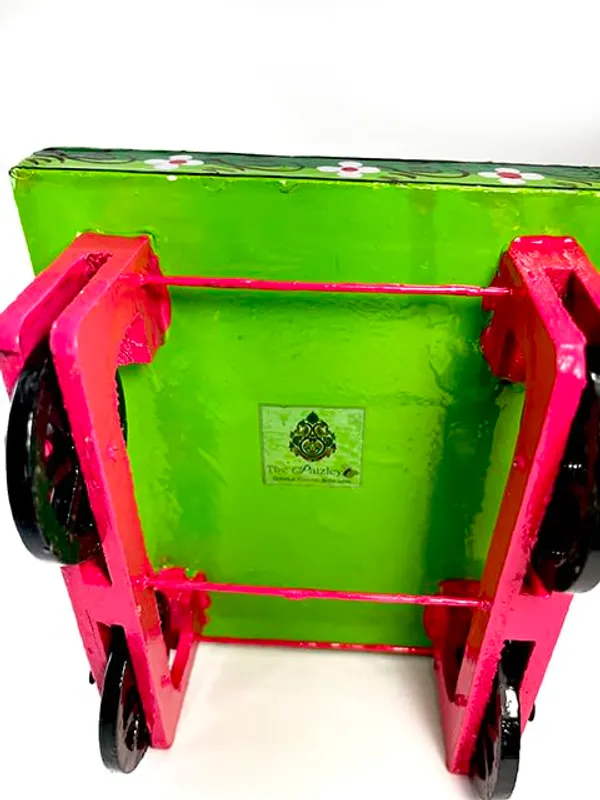 Decorative_Wooden_Cart_Tray_Hand_Painted_Floral_Design_Green_And_Pink