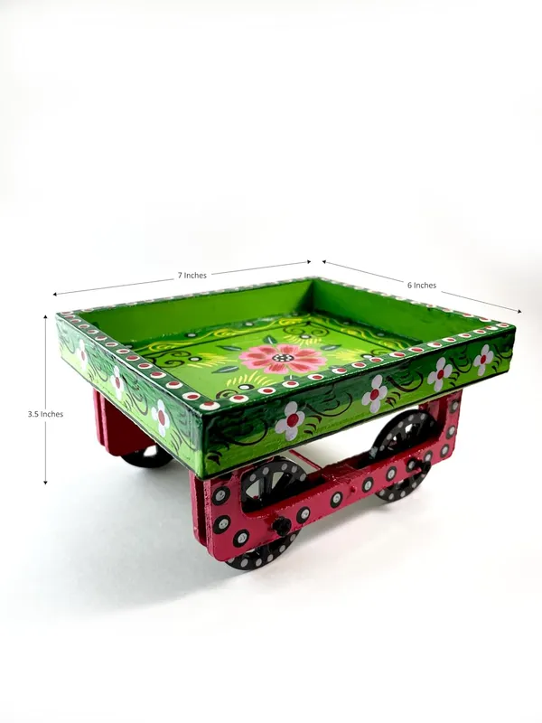 Decorative_Wooden_Cart_Tray_Hand_Painted_Floral_Design_Green_And_Pink