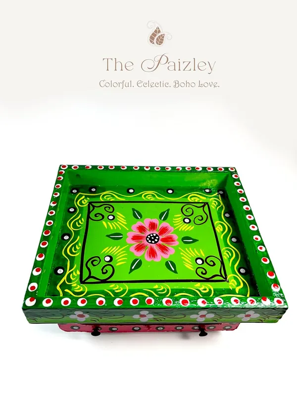 Decorative_Wooden_Cart_Tray_Hand_Painted_Floral_Design_Green_And_Pink