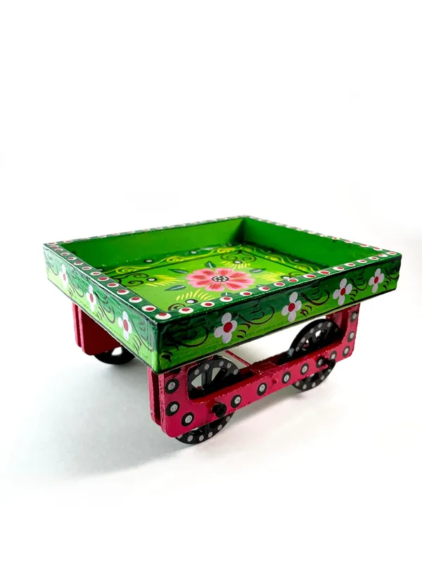 Decorative_Wooden_Cart_Tray_Hand_Painted_Floral_Design_Green_And_Pink