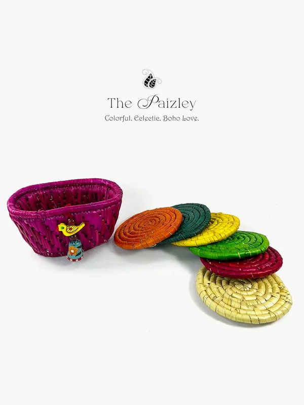 Handwoven_Moonj_Grass_Coaster_Set_With_Holder_Fuchsia_Pink_Holder_Basket_Multicolour_Coasters_Boho_Design