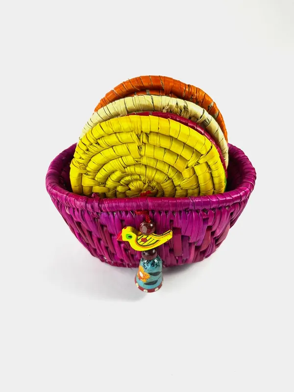 Handwoven_Moonj_Grass_Coaster_Set_With_Holder_Fuchsia_Pink_Holder_Basket_Multicolour_Coasters_Boho_Design
