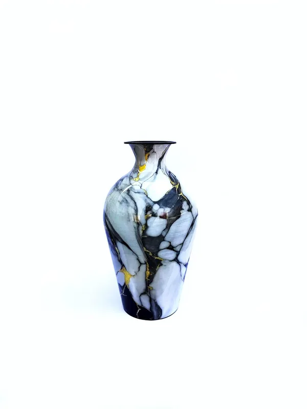 Handcrafted_Iron_Decorative_Vase_12_Inch_Black_White_Marble_Finish_With_Gold_Accents_Modern_Flower_Vase_For_Living_Room_Table_Shelf_Decor