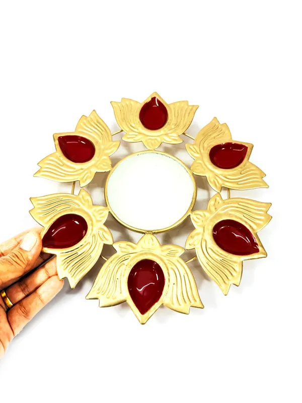 Metal_Urli_Decorative_Bowl_Small_Gold_Red_with_6_Lotus_Diya_for_Diwali_Festival
