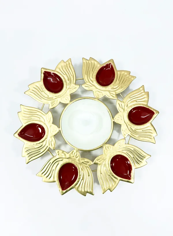 Metal_Urli_Decorative_Bowl_Small_Gold_Red_with_6_Lotus_Diya_for_Diwali_Festival