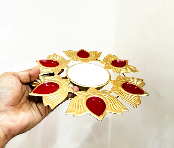 Metal_Urli_Decorative_Bowl_Small_Gold_Red_with_6_Lotus_Diya_for_Diwali_Festival