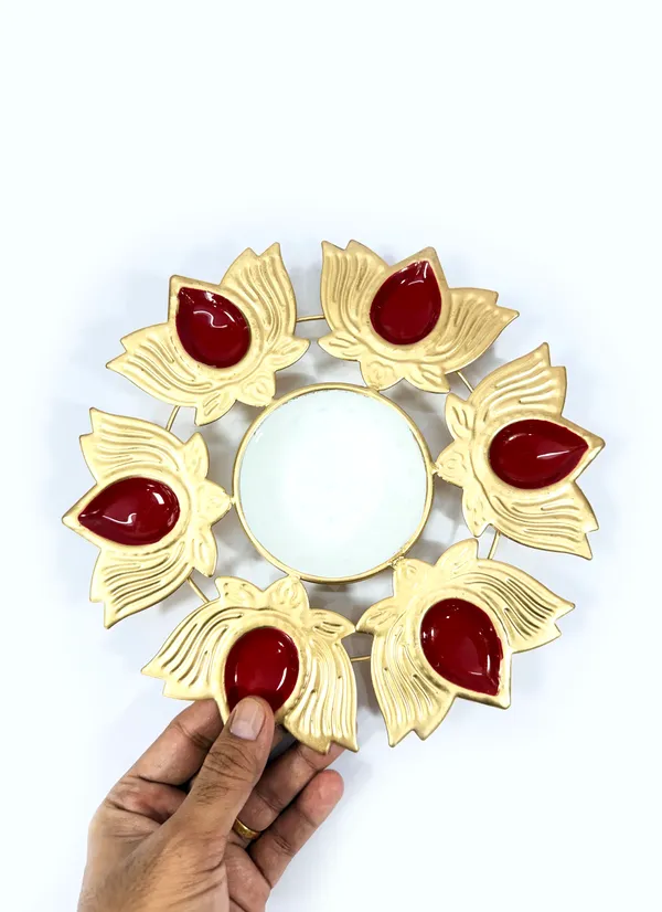 Metal_Urli_Decorative_Bowl_Small_Gold_Red_with_6_Lotus_Diya_for_Diwali_Festival