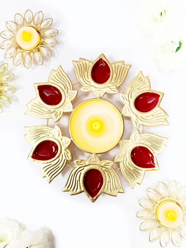 Metal_Urli_Decorative_Bowl_Small_Gold_Red_with_6_Lotus_Diya_for_Diwali_Festival