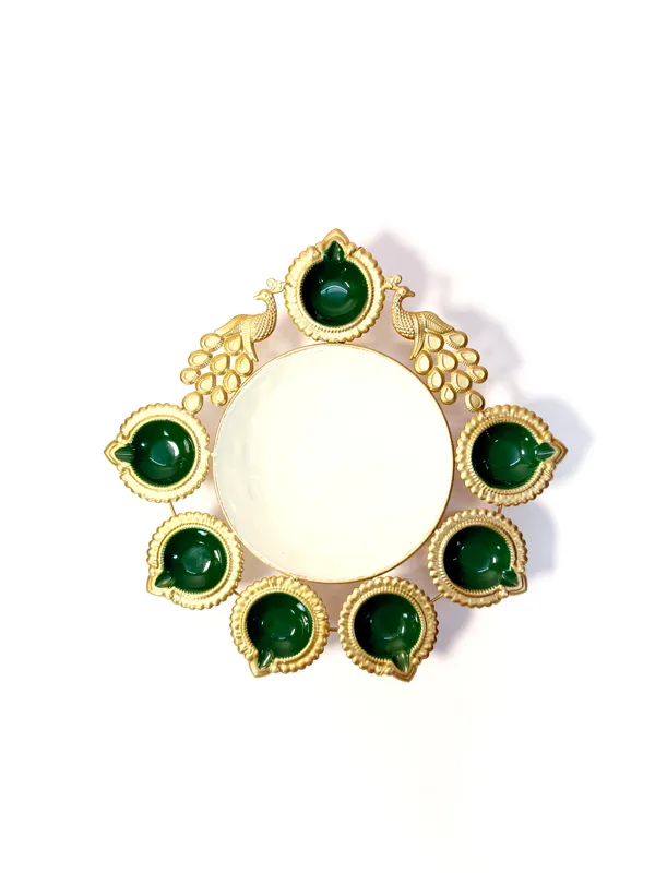Peacock_Diya_7_Tealight_Holder_with_Urli_Center,_Glossy_Painted_Green,_Gold,,for_Diwali_and_home_décor