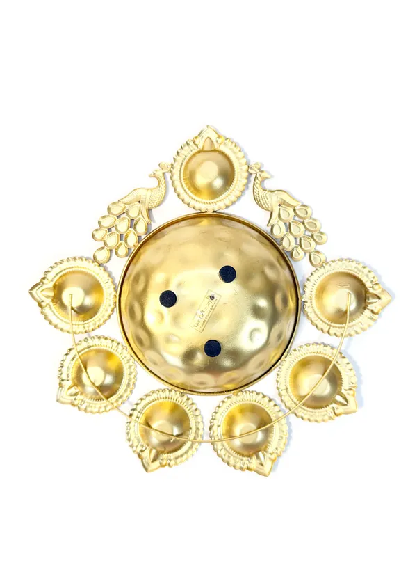 Peacock_Diya_7_Tealight_Holder_with_Urli_Center,_Glossy_Painted_Green,_Gold,,for_Diwali_and_home_décor