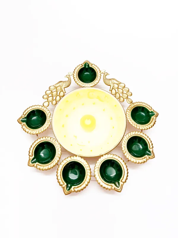 Peacock_Diya_7_Tealight_Holder_with_Urli_Center,_Glossy_Painted_Green,_Gold,,for_Diwali_and_home_décor