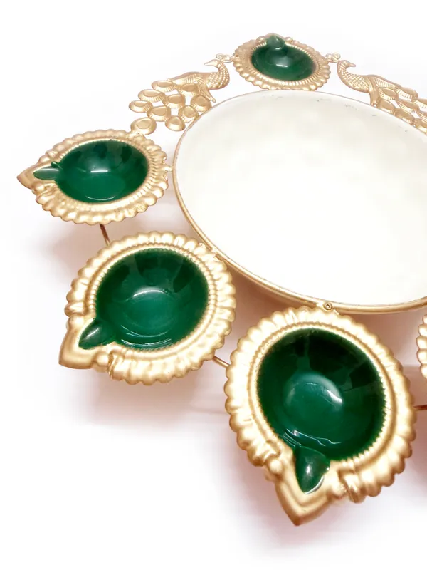 Peacock_Diya_7_Tealight_Holder_with_Urli_Center,_Glossy_Painted_Green,_Gold,,for_Diwali_and_home_décor