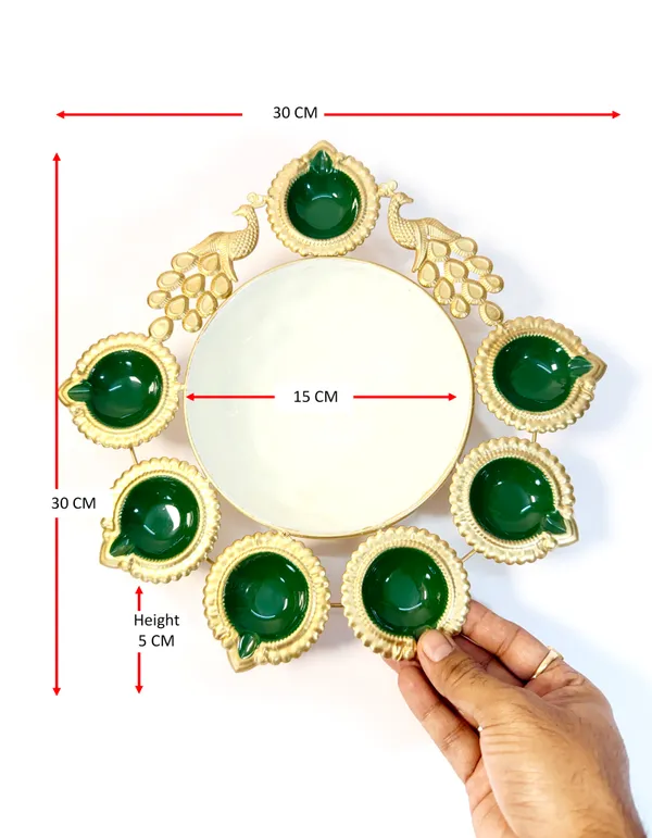 Peacock_Diya_7_Tealight_Holder_with_Urli_Center,_Glossy_Painted_Green,_Gold,,for_Diwali_and_home_décor