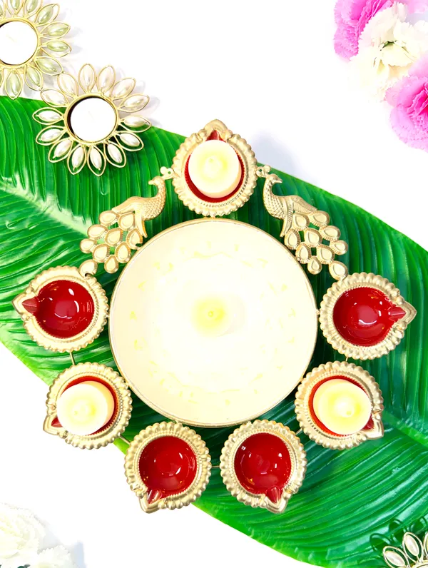 Peacock_Diya_Tealight_Holder_with_Urli_Center,_Glossy_Painted_Red,_Gold