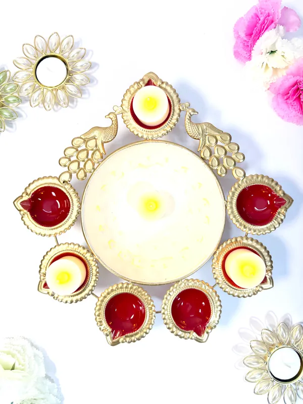 Peacock_Diya_Tealight_Holder_with_Urli_Center,_Glossy_Painted_Red,_Gold