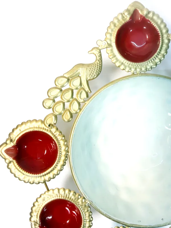 Peacock_Diya_Tealight_Holder_with_Urli_Center,_Glossy_Painted_Red,_Gold
