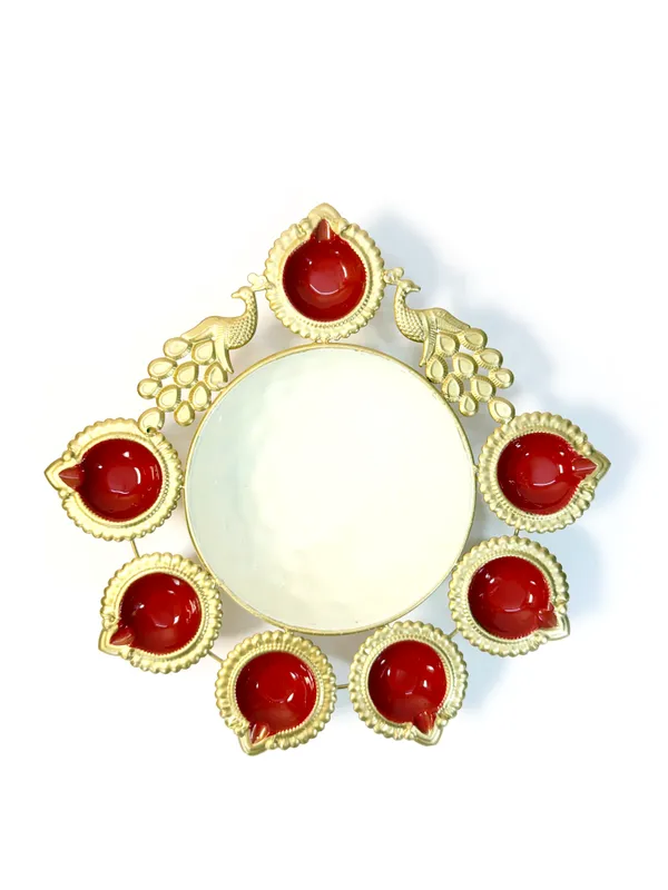 Peacock_Diya_Tealight_Holder_with_Urli_Center,_Glossy_Painted_Red,_Gold